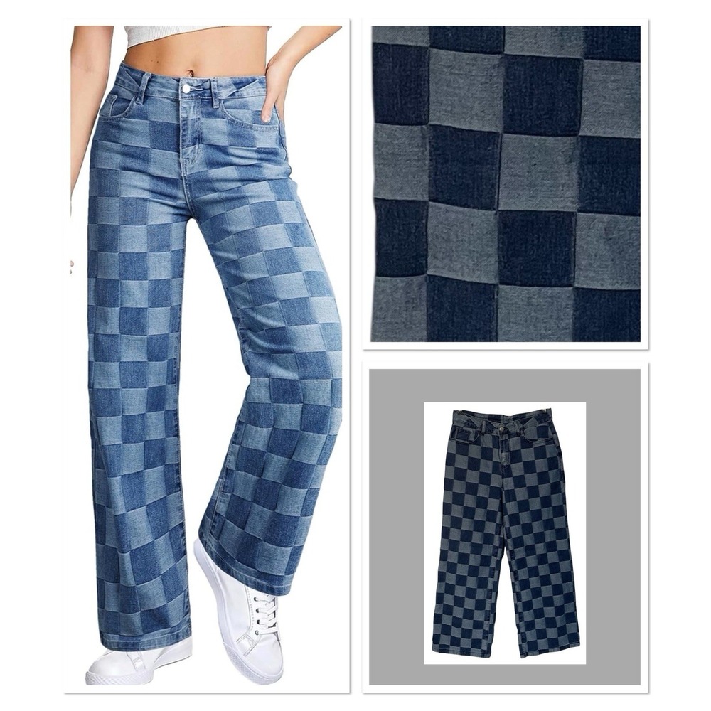 Sidefeel Womens Blue Checkered Patchwork Wide Leg Jeans Y2K Streetwear Hiphop 10